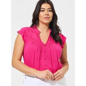 Torrid Pink Rayon Slub Crochet Detail Tie-Front Top